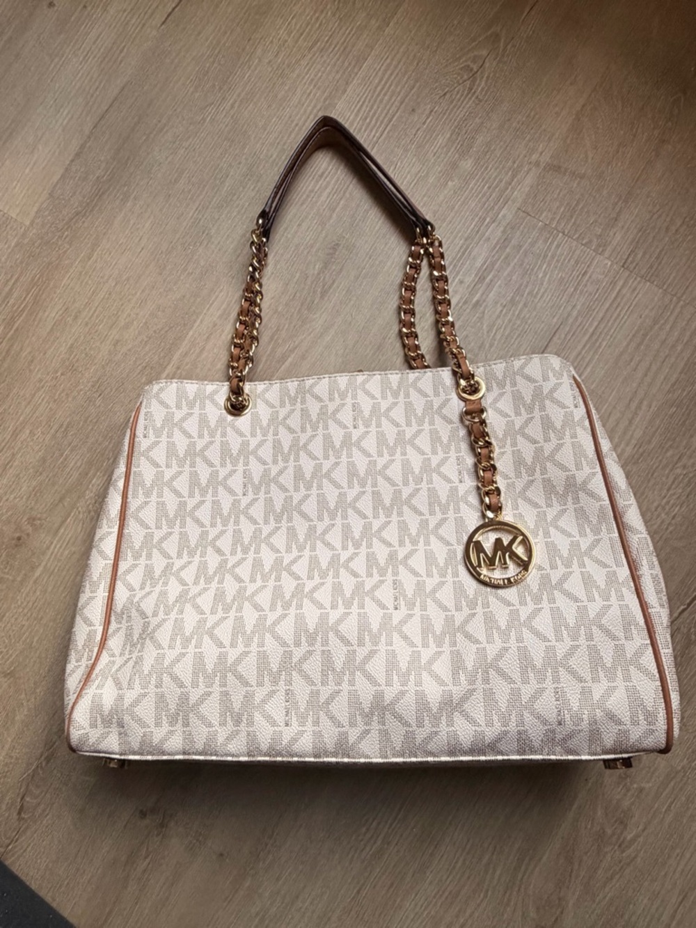 Michael Kors Cream MK Signature Chain-Handle Tote with Gold Hardware